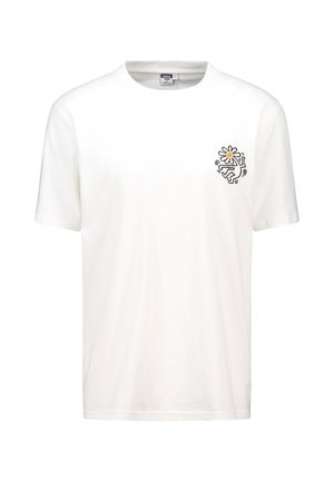 White cotton t-shirt with a round neckline and short sleeves. Features a black graphic of a figure and a flower on the left chest.