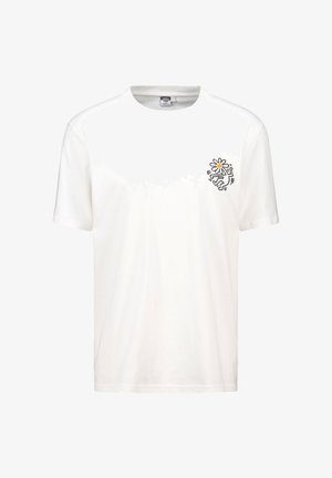 White cotton t-shirt with a round neckline and short sleeves. Features a black graphic of a figure and a flower on the left chest.
