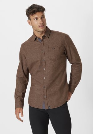 Braune button-up Hemd mit strukturiertem Stoff, langen Ärmeln, einer einzelnen Brusttasche und kontrastierendem innem Kragen. Verfügt über runde Knöpfe.