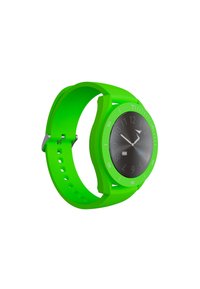 Groene siliconen horloge met een ronde zwarte wijzerplaat, witte uurmarkeringen en zilveren wijzers. Inclusief een gestructureerde band met perforaties.