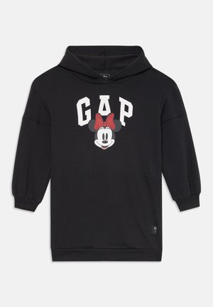 Schwarze Kapuzenjacke mit langen, leicht puffigen Ärmeln. Auf der Vorderseite ist der weiße Schriftzug "GAP" sowie eine Grafik von Minnie Mouse mit einer roten Schleife abgebildet.