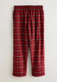 Pantaloni del pigiama a quadri rossi con fascia elastica in vita, dettaglio con coulisse e vestibilità ampia; presentano linee bianche e verdi nel motivo a scacchi.
