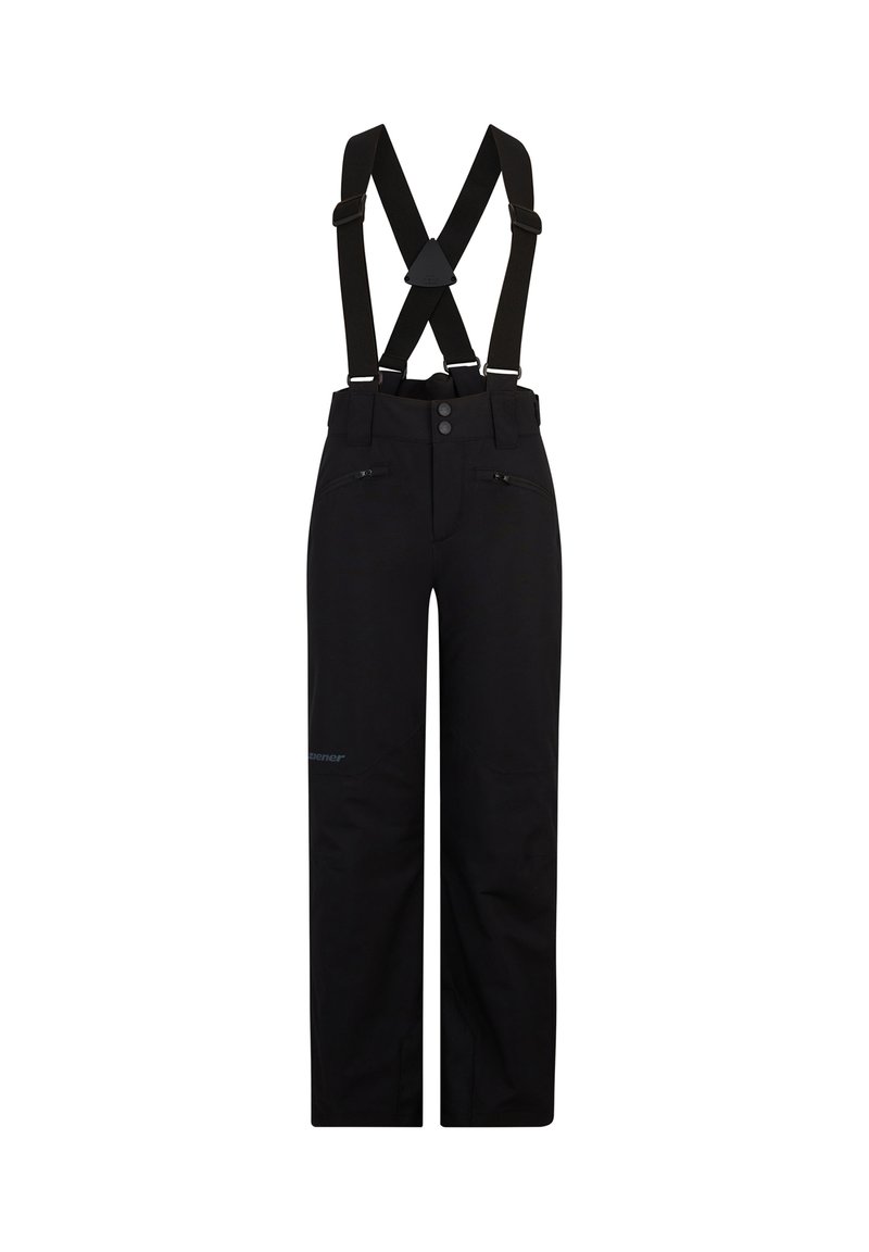 Schwarze Schnee-Hosen mit verstellbaren Trägern, ausgestattet mit zwei vorderen Reißverschlusstaschen, einer Knopfverschluss und verstärktem Stoff für Langlebigkeit.