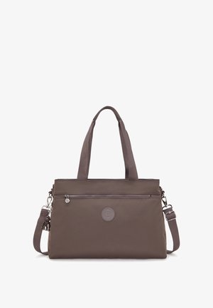 Grijze stoffen draagtas met dubbele handvatten, verstelbare schouderriem, voorvak met rits en logo-accent. Gladde textuur en minimalistisch ontwerp.