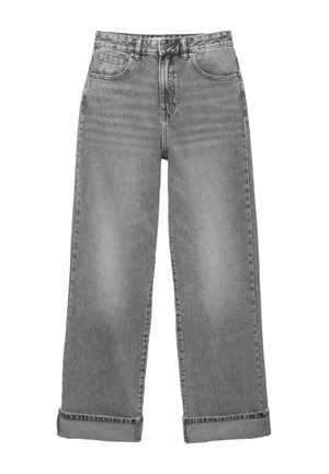 Magasan derekú, bő szárú farmernadrág halvány szürke denim anyagból, gombos záródással, öt zsebbel és felgöngyölt szárakkal. Simítós textúra, enyhe használati nyomokkal.