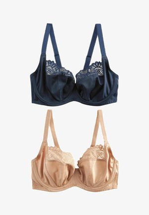 Dva grudnjaka: jedan mornarsko plavi satenski s čipkastim detaljima, drugi nudasti satenski sličnog čipkastog dizajna. Obojica imaju podesive trakice i žicu za podršku.