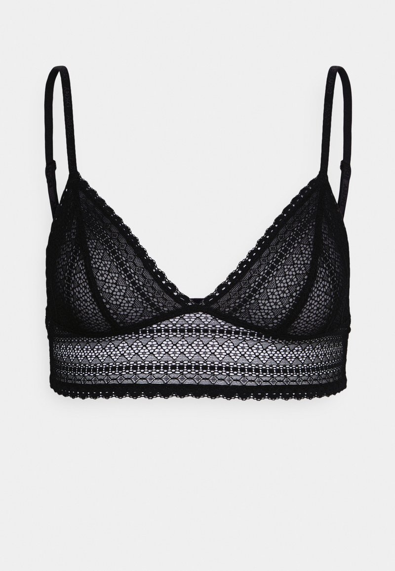Bralette in pizzo nero con coppe triangolari, bordi smerlati e una fascia caratterizzata da motivi e texture intricati. Cinghie regolabili incluse.