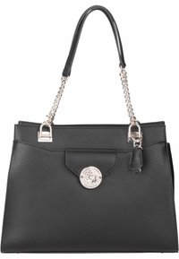 Sac à main en cuir noir avec bandoulière chaîne argentée détachable, forme structurée, surface texturée, fermeture magnétique, et accent logo.