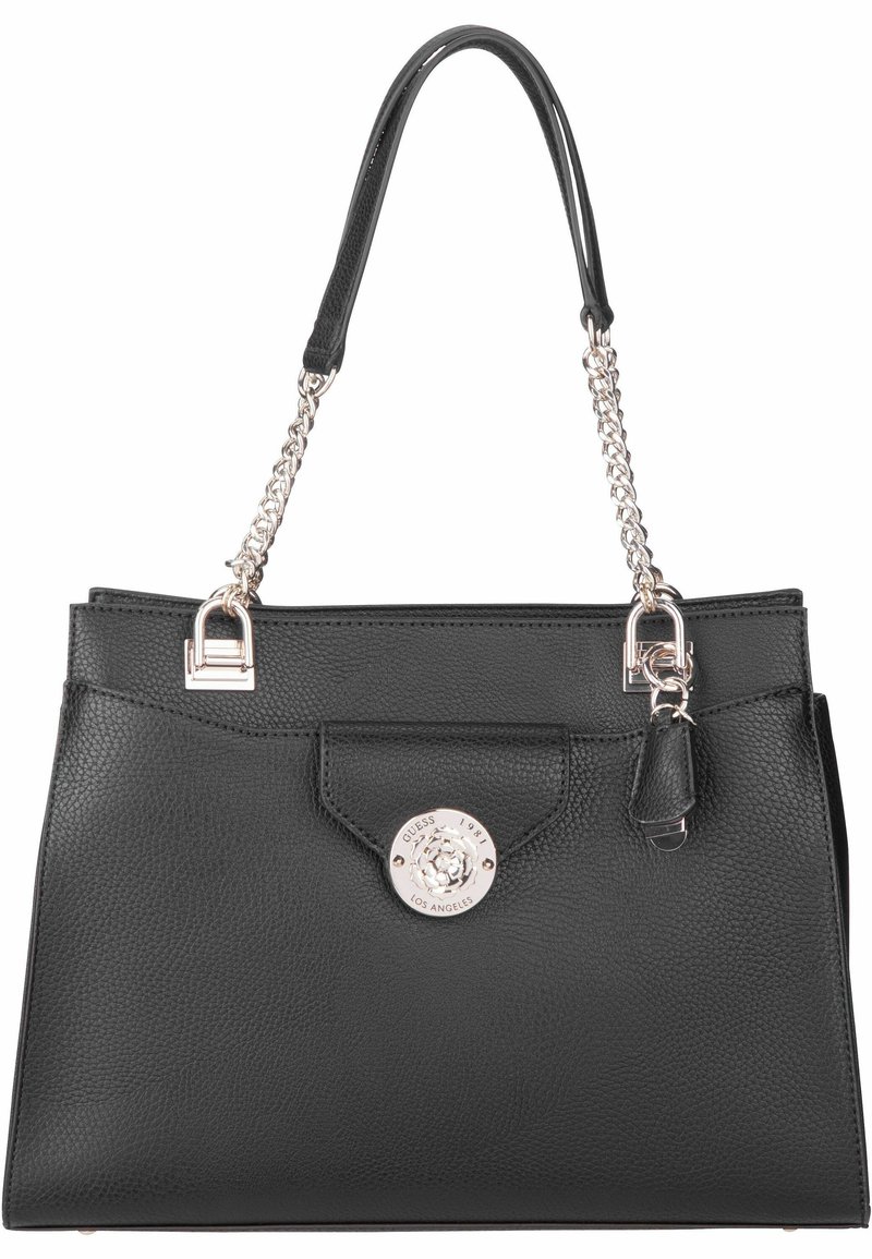 Sac à main en cuir noir avec bandoulière chaîne argentée détachable, forme structurée, surface texturée, fermeture magnétique, et accent logo.