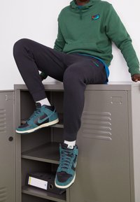 Grön hoodie med en flerfärgad logotyp, matchad med mörkgrå sweatpants. Modellen bär teal och svarta högiga Nike-sneakers.