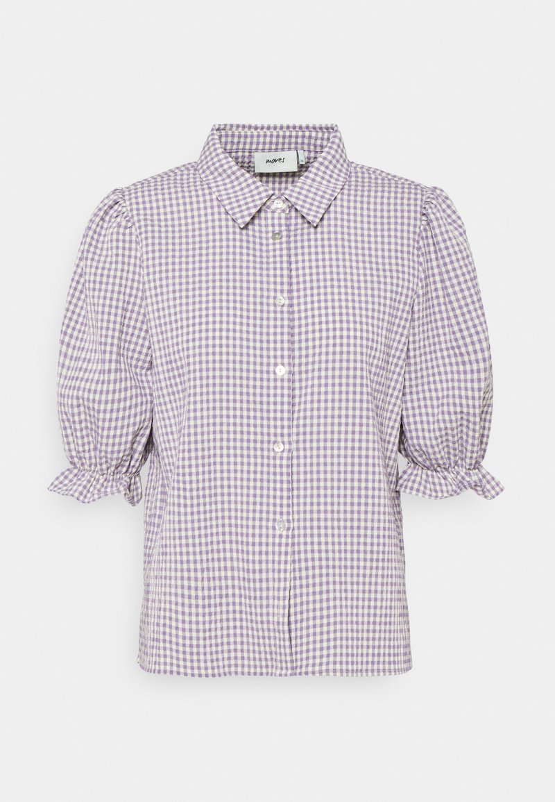 Blouse à carreaux vichy lilas et blancs, manches courtes bouffantes, boutonnée sur le devant, avec col.