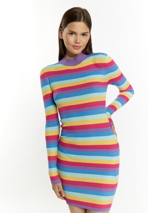 Ribbed knit dress with long sleeves, featuring multicolored horizontal stripes in pink, blue, yellow, and purple. Round neckline.