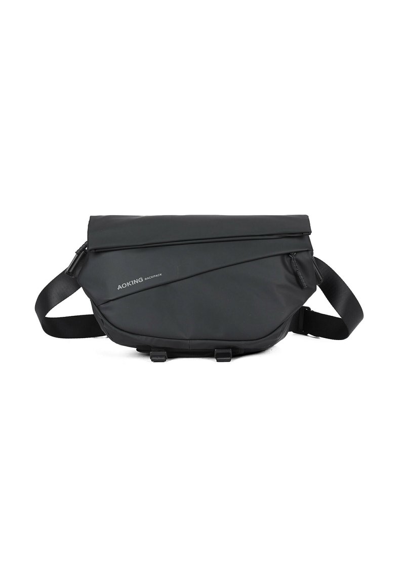 Borsa a tracolla nera con un design elegante e impermeabile, dotata di una tracolla regolabile, chiusura con zip e pattina pieghevole angolare.