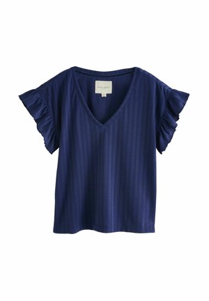 Top blu navy a maniche corte con scollatura a V e maniche rifinite con volant; realizzato in un tessuto morbido con sottili righe verticali. Etichetta interna.