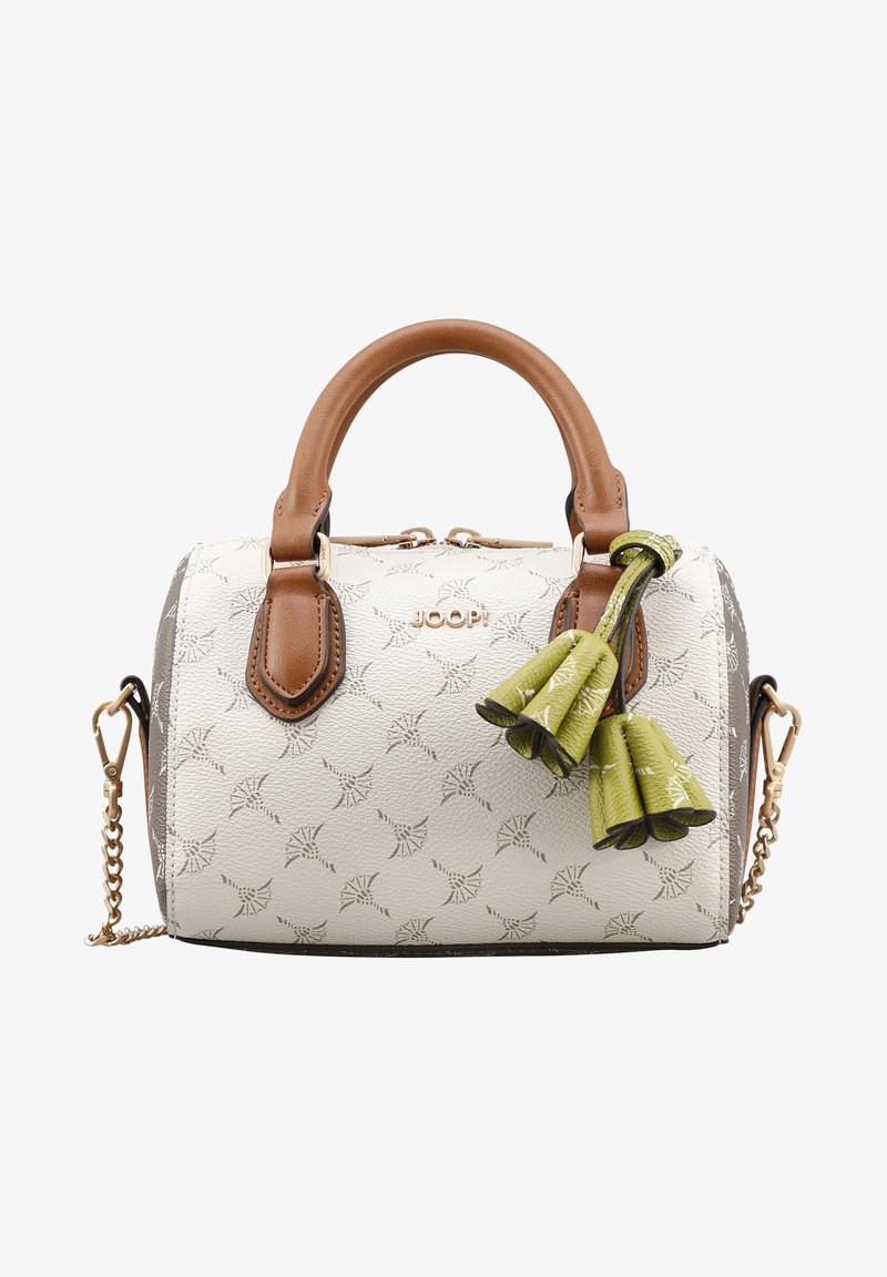 Sac à main Joop blanc et beige à motifs avec poignées marron, bandoulière chaîne dorée et breloques décoratives à pompons verts.