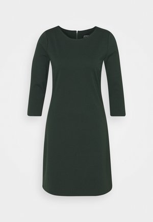 Dark green dress with three-quarter sleeves, a round neckline, and a concealed zipper at the back; made from smooth, stretch fabric.