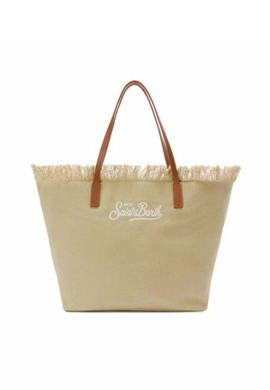 Beige draagtas met rafelige bovenrand, bruine leren handvatten en wit "MC2 Saint Barth" logo gecentreerd aan de voorkant.