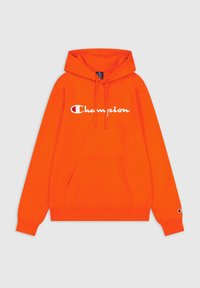 Sudadera con capucha naranja y bolsillo canguro en la parte frontal, con el logo blanco de "Champion" en el pecho y puños elásticos.