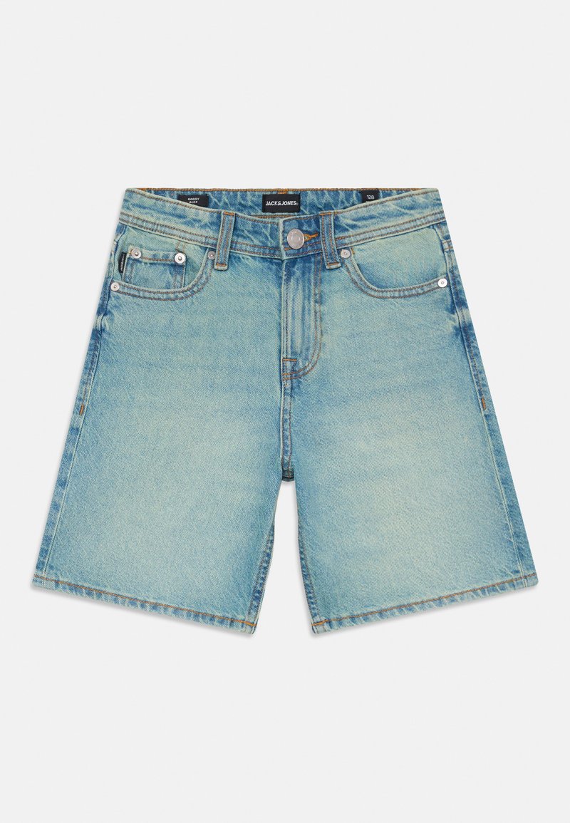 Ανοιχτό μπλε τζιν σορτσάκια, άνετη εφαρμογή, κλασικός σχεδιασμός πέντε τσέπες, μεταλλικό κούμπωμα, φθορά σε όλο το ύφασμα, ίσια γραμμή.