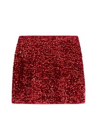 Rød paillet miniskørt med en tætsiddende form. Overfladen er dekoreret med tætte, skinnende pailletter, der reflekterer lys og giver et struktureret udseende.
