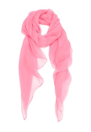 Sciarpa in chiffon leggero rosa chiaro con pieghe morbide, disposta in un anello sciolto con due estremità appuntite che pendono verso il basso.