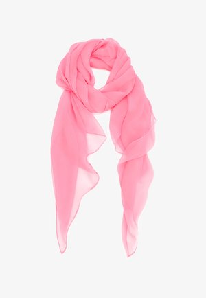Sciarpa in chiffon leggero rosa chiaro con pieghe morbide, disposta in un anello sciolto con due estremità appuntite che pendono verso il basso.