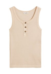 Beige geribbelde tanktop met een ronde halslijn, drie knopen aan de voorkant en een zachte textuur. Geen mouwen, ontworpen voor comfort.