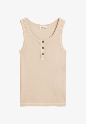 Débardeur à côtes beige avec un col rond, fermeture à trois boutons sur le devant et texture douce. Sans manches, conçu pour le confort.