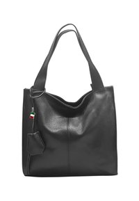 Sac en cuir noir avec une finition texturée, comportant deux poignées, une petite pochette détachable et un charm en forme de drapeau italien.