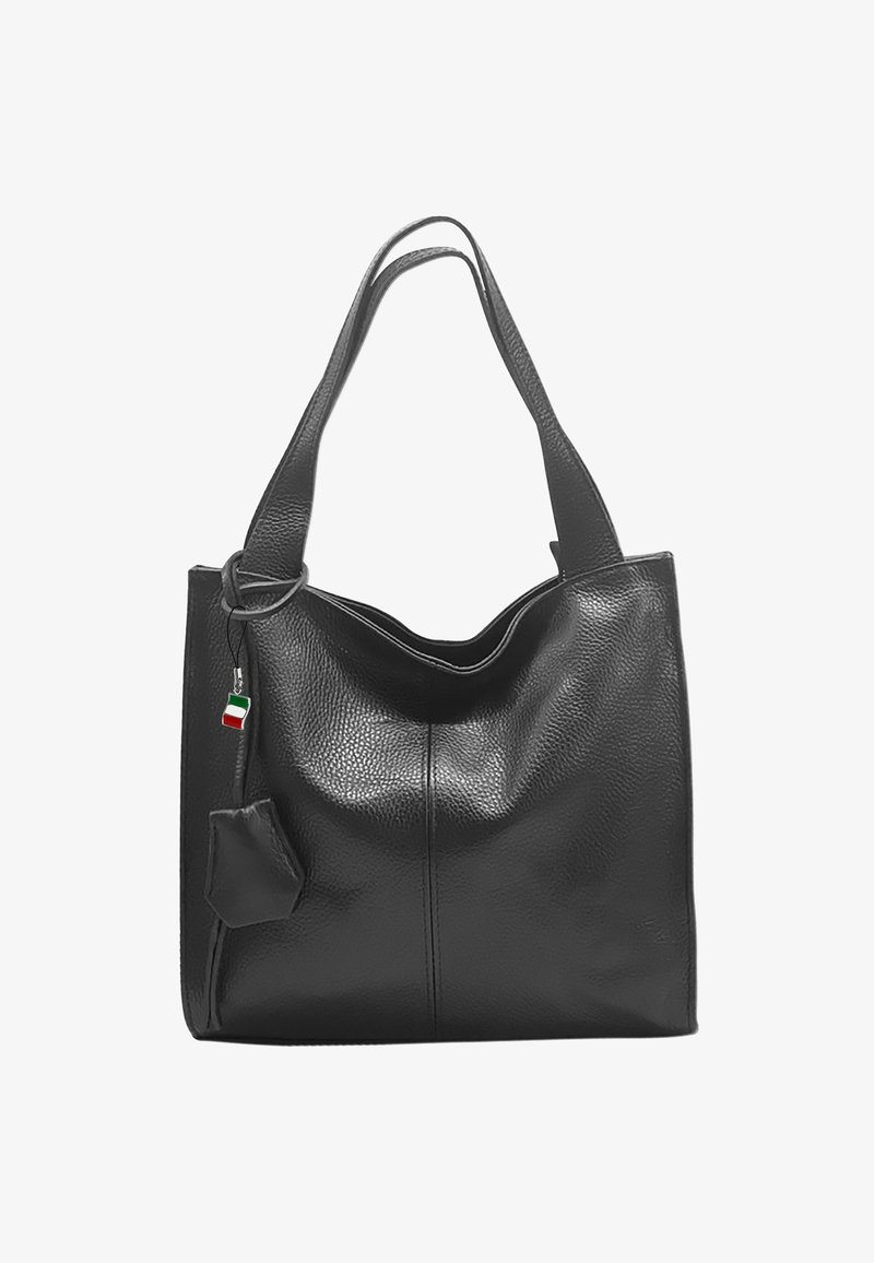 Sac en cuir noir avec une finition texturée, comportant deux poignées, une petite pochette détachable et un charm en forme de drapeau italien.