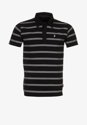 Černé polokošile s horizontálními šedými pruhy, krátkými rukávy a zapínáním na tři knoflíky. Na levé straně hrudi je malá logo.