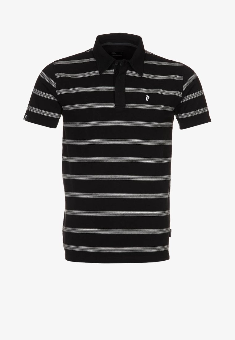 Polo noir à rayures horizontales grises, manches courtes, avec une patte de boutonnage à trois boutons. Présente un petit logo sur la poitrine gauche.