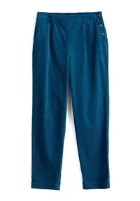 Pantaloni in corduroy verde acqua con vestibilità dritta, tasche frontali, pieghe e quattro bottoni sul lato sinistro della vita. Texture liscia.