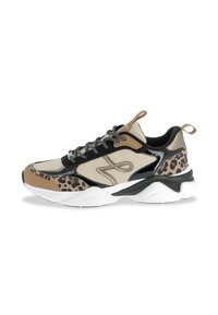 Chunky sneaker with a mix of beige mesh and black patent accents. Features leopard print detail, thick white sole, and lace-up closure.