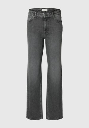 Blugi denim gri închis, croială dreaptă, cu buzunare față și spate, închidere cu nasturi și găici pentru curea.