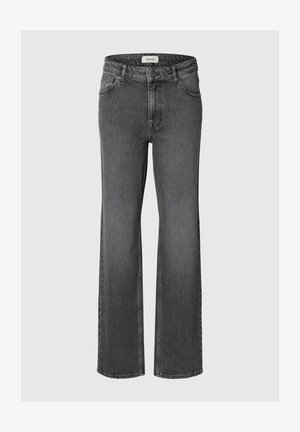 Blugi denim gri închis, croială dreaptă, cu buzunare față și spate, închidere cu nasturi și găici pentru curea.