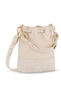 Beige vödör táska sima bőr felsőrésszel és velúr alappal. Aranyszínű fémrészekkel, zsinóros záródással és állítható vállpánttal rendelkezik.