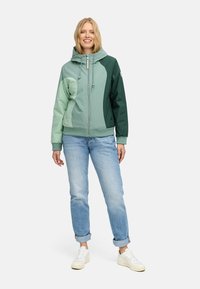 Hooded, color-blocked jacket in light green and dark green, featuring a zip front, elastic cuffs, and a fitted waist. Soft, smooth texture.
