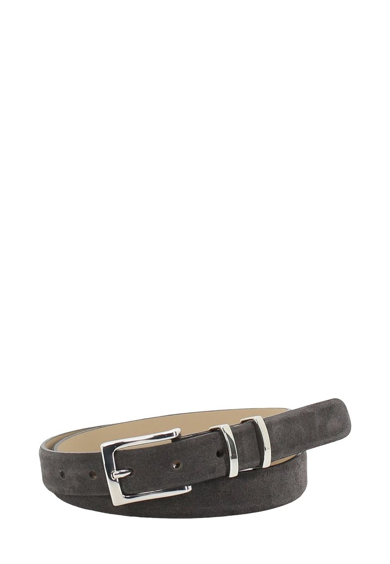 Dark gray suede belt with a silver metal buckle and two silver belt loops, coiled against a white background.
