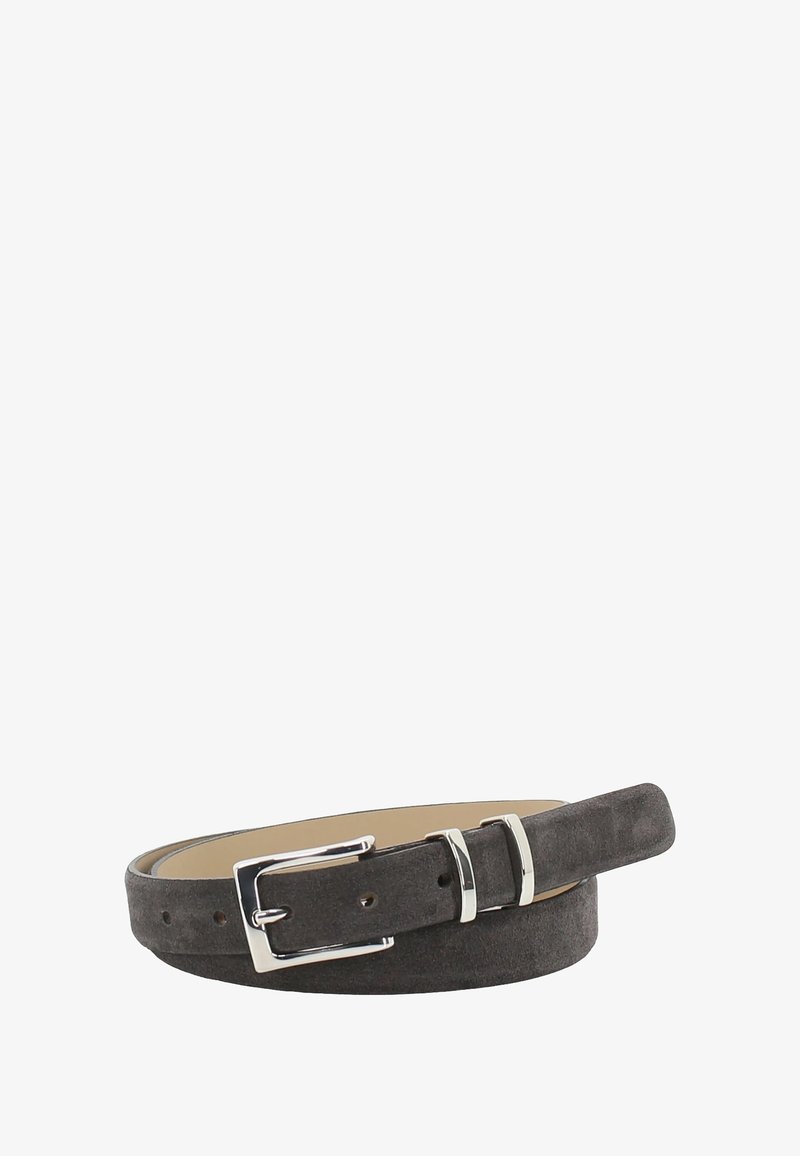 Dark gray suede belt with a silver metal buckle and two silver belt loops, coiled against a white background.