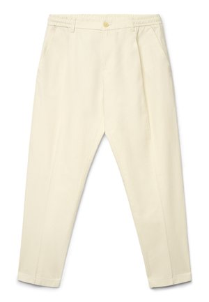 Pantaloni beige aderenti con vita elastica, chiusura con bottone e tasche laterali, mostrati distesi su sfondo bianco.