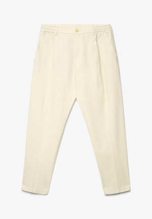 Pantaloni beige aderenti con vita elastica, chiusura con bottone e tasche laterali, mostrati distesi su sfondo bianco.