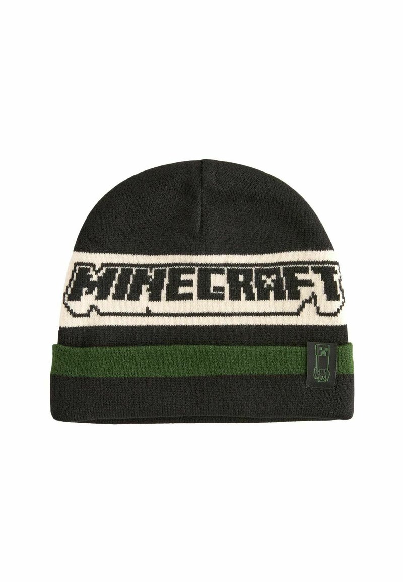 Black knit beanie featuring a white "Minecraft" logo and a green stripe. Includes a small green block character tag on the side.