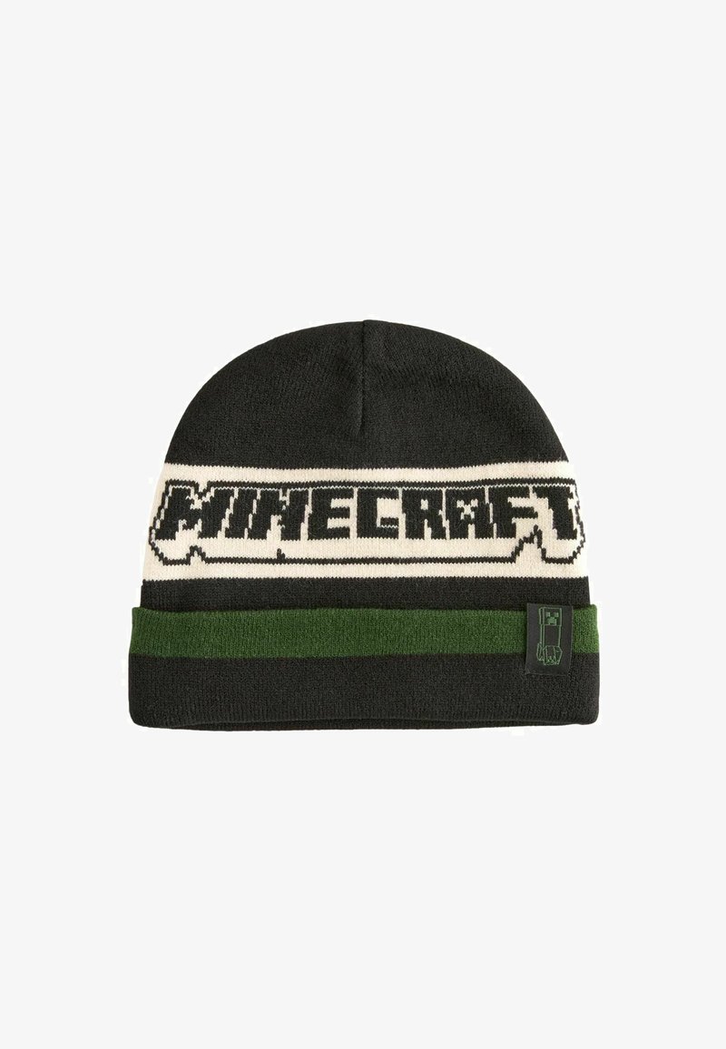 Sort strikket hue i sort med et hvidt "Minecraft" logo og en grøn stribe. Inkluderer et lille grønt blokkaraktermærke på siden.