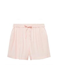 Shorts rayés roses avec une taille élastique et un cordon de serrage. Comprend des poches latérales et une coupe lâche et confortable. En matière en mélange de coton.