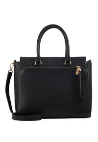 Borsa in pelle nera con manici arrotondati, tracolla rimovibile, tasca frontale con zip, dettagli in metallo dorato e un accento con nappina.