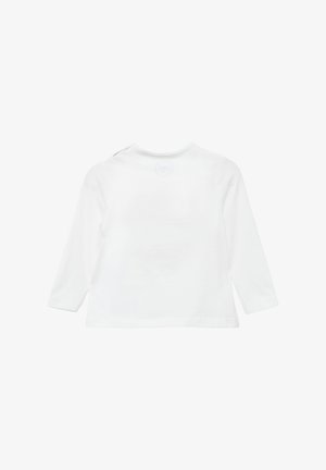 Weißes Langarmhemd aus Baumwolle mit rundem Halsausschnitt, einer Knopfverschluss auf dem Rücken und einer glatten, einfarbigen Textur.