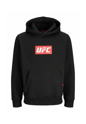 Must mustaga, millel on rinnal punane UFC logo ja ees kangaroo-tasku, kuvatud valgel taustal.