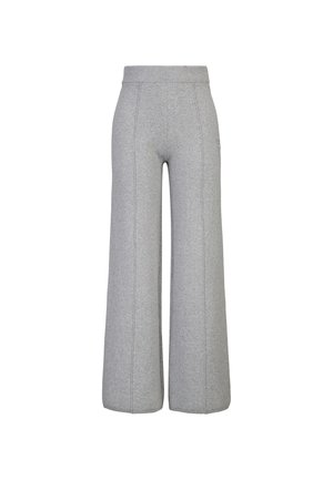 Light gray wide-leg pants made of soft fabric with a ribbed elastic waistband and visible vertical seams down the legs.