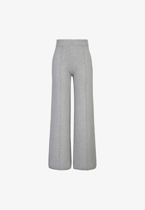 Light gray wide-leg pants made of soft fabric with a ribbed elastic waistband and visible vertical seams down the legs.